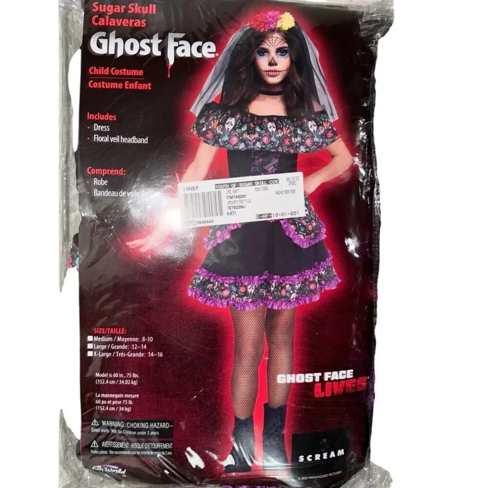 New Halloween Fun world sugar Skull ghost face child costume girls large 12-14